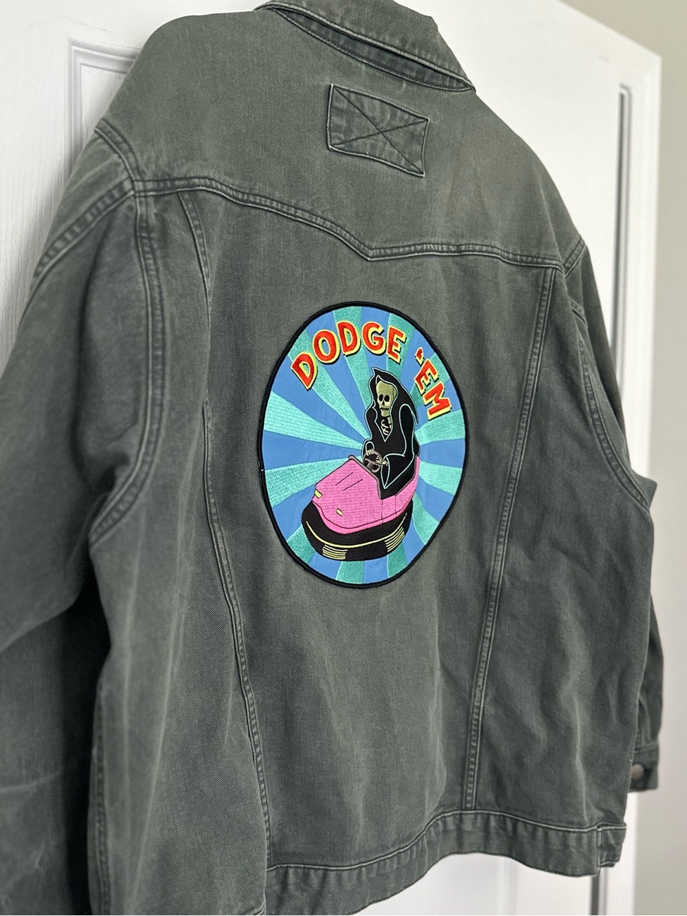 ASOS DIY Muted Green Vintage Wash Denim Jacket with Back Patch Design - Picture 7 of 8